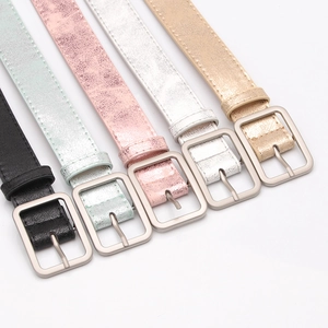 Set of minimalist PU leather belts for women with silver brushed square needle buckles