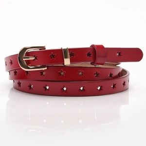 Women Fashion Split Cowhide Leather Belt Thin Waist Belt With Five-Pointed Star Hollow Design Alloy Pin Buckle Accessory