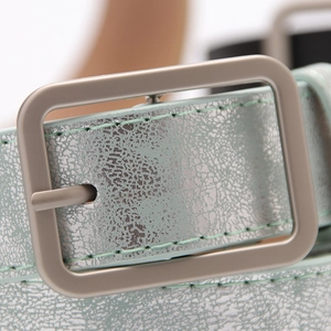 Mint green women's fashion belt with silver crackle texture and rectangular metal buckle