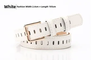 White hollowed leather belt for women with golden rectangular buckle on white background