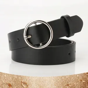 Women's Fashion Simple Black Faux Leather Belt With Silver Round Buckle Retro All-Match Waistband For Jeans Dress Lady Waist Belt