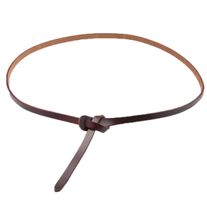 Minimalist slim leather waist belt for women in dark brown with unique knot tie design