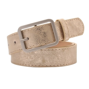 Champagne gold textured leather belt for women with elegant silver metal buckle