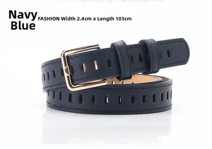 Detail of navy blue hollowed leather belt with gold pin buckle for jeans, 2.4cm width