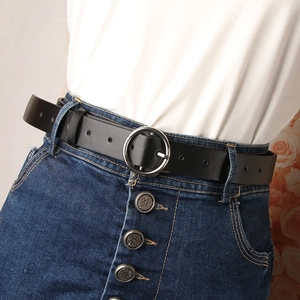 Classic black leather belt for women with a large silver round alloy buckle for jeans