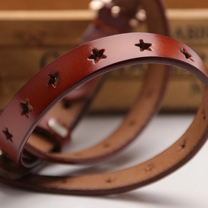 Deep brown genuine leather belt with hollow star patterns and vintage metallic buckle
