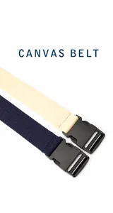 Close-up of navy and beige canvas belts with durable black matte plastic buckles