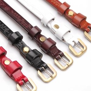 Women Vintage Genuine Leather Thin Belt Floral Embossed Waist Strap Retro Alloy Pin Buckle Decorative Dress Belt For Lady