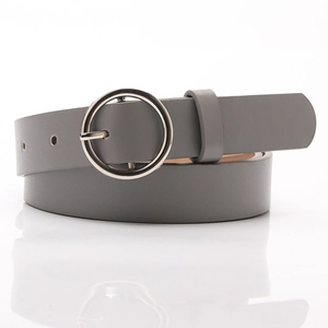 Minimalist grey leather belt for women featuring a polished silver round metal buckle