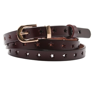Genuine leather women's thin belt with hollow star patterns and a gold D-ring buckle
