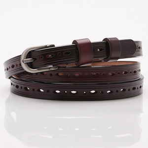 Women's burgundy leather skinny belt with hollow out holes and silver frosted buckle