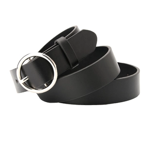 Classic black leather belt for women featuring a minimalist silver circular metal buckle