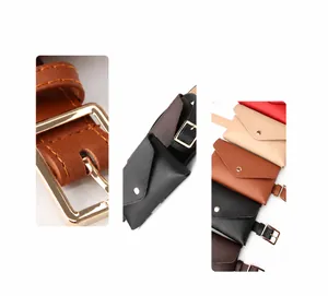 Detail view of colorful envelope waist bags with gold metal buckles and leather texture