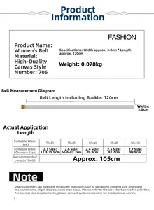 Size chart for 3.8cm wide canvas belt showing measurements and waist size guide