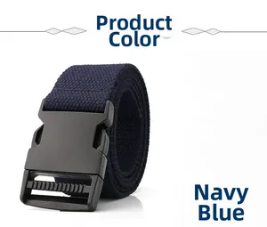 Close-up of navy blue nylon canvas belt with a black plastic buckle on white background