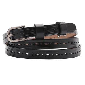 Women's black genuine leather thin belt with elegant hollowed oval cutout design