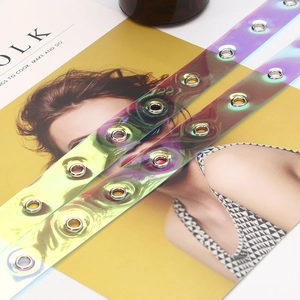 Holografischer PVC-Gürtel transparent mit Metallösen und Regenbogen-Effekt
