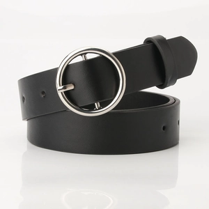 Ceinture classique en cuir noir pour femme avec boucle ronde argentée élégante en alliage