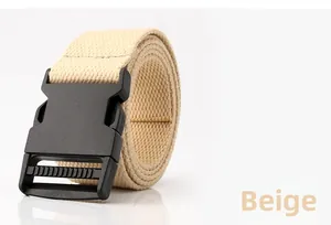 Detail of beige canvas belt showing the durable woven texture and black plastic buckle