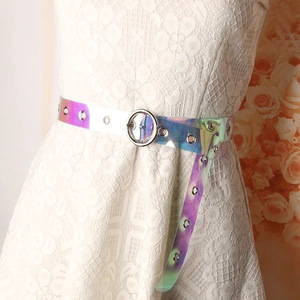 Damen Regenbogen Transparenter PVC Gürtel mit runder Silberschnalle und Ösen auf dem Kleid