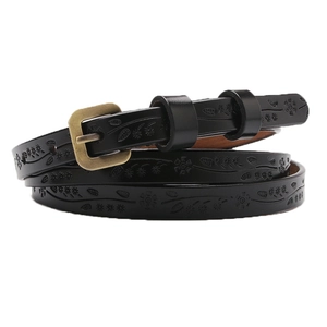 Vintage black leather belt for women with floral embossing and brass square buckle
