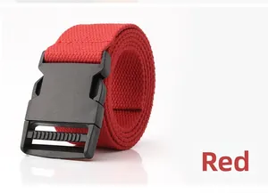 Detail of red canvas belt featuring high-quality twill texture and black plastic buckle