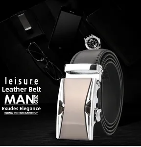 Detail of black genuine leather belt with brushed silver automatic buckle and accessories