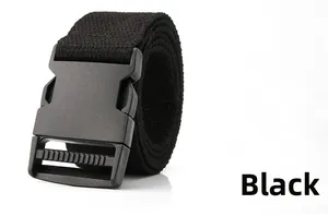 Detail of black canvas tactical belt featuring durable matte plastic buckle closure