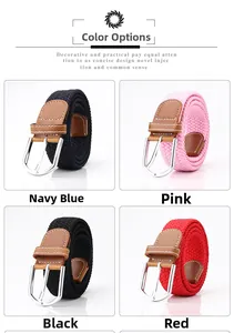 Détail de ceintures tressées élastiques en bleu marine, rose, noir et rouge avec boucles