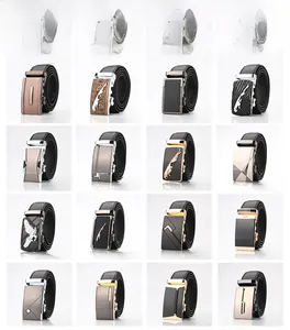 Selection of men's leather belts with various metal automatic buckles and patterns