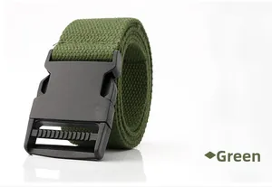 Detail of army green nylon belt with durable black plastic buckle and texture