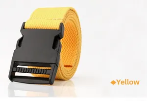 Detail of yellow canvas tactical belt with a durable black plastic quick-release buckle