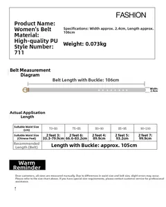 Size chart showing width 2.4cm and length 106cm for women's PU leather belt with pin buckle