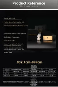 Detailed size chart for men leather belt with alloy automatic buckle and length guide