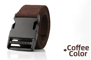 Detail view of coffee brown canvas belt with heavy-duty black plastic quick-release buckle