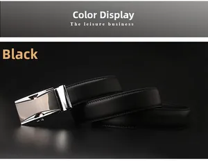 Detail of black leather men's business belt with polished silver automatic buckle