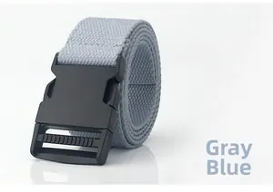 Detail of grey-blue canvas belt featuring a durable black plastic buckle and woven texture