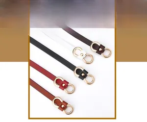 Detailed set of five narrow genuine leather belts with gold alloy buckles in various colors