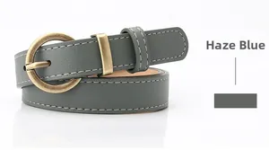 Mist blue vintage faux leather belt with round antique bronze buckle and white stitching