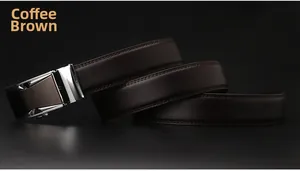 Detail view of coffee brown leather belt with lychee texture and metallic auto buckle