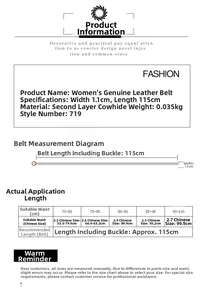 Tableau des tailles pour ceinture en cuir pour femme avec largeur 1,1 cm et longueur 115 cm