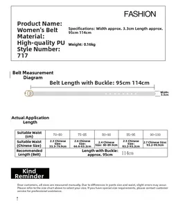 Tableau des tailles pour ceinture femme en PU de 3,3 cm, longueurs 95 cm et 114 cm