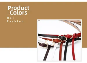 Thin leather belts in black, white, and red with elegant gold double-ring buckles