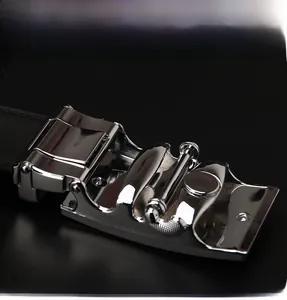 Macro shot of silver alloy automatic buckle for men's business leather belt