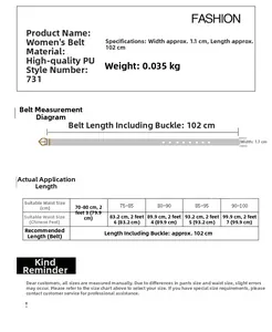 Size chart showing dimensions for minimalist faux leather belts with alloy buckles