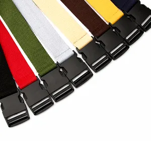 Detail showing various colors of durable canvas belts with quick release plastic buckles