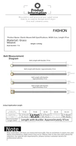 Size chart for women's elastic woven straw belt showing 5cm width and 97cm total length