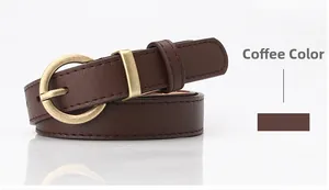 Close-up of a dark coffee brown thin belt for women with a round golden pin buckle