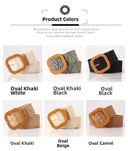 Grid view of elastic woven belts in six colors featuring oval resin buckles and straw texture