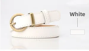 Close-up of white leather belt with vintage round brass pin buckle on white background